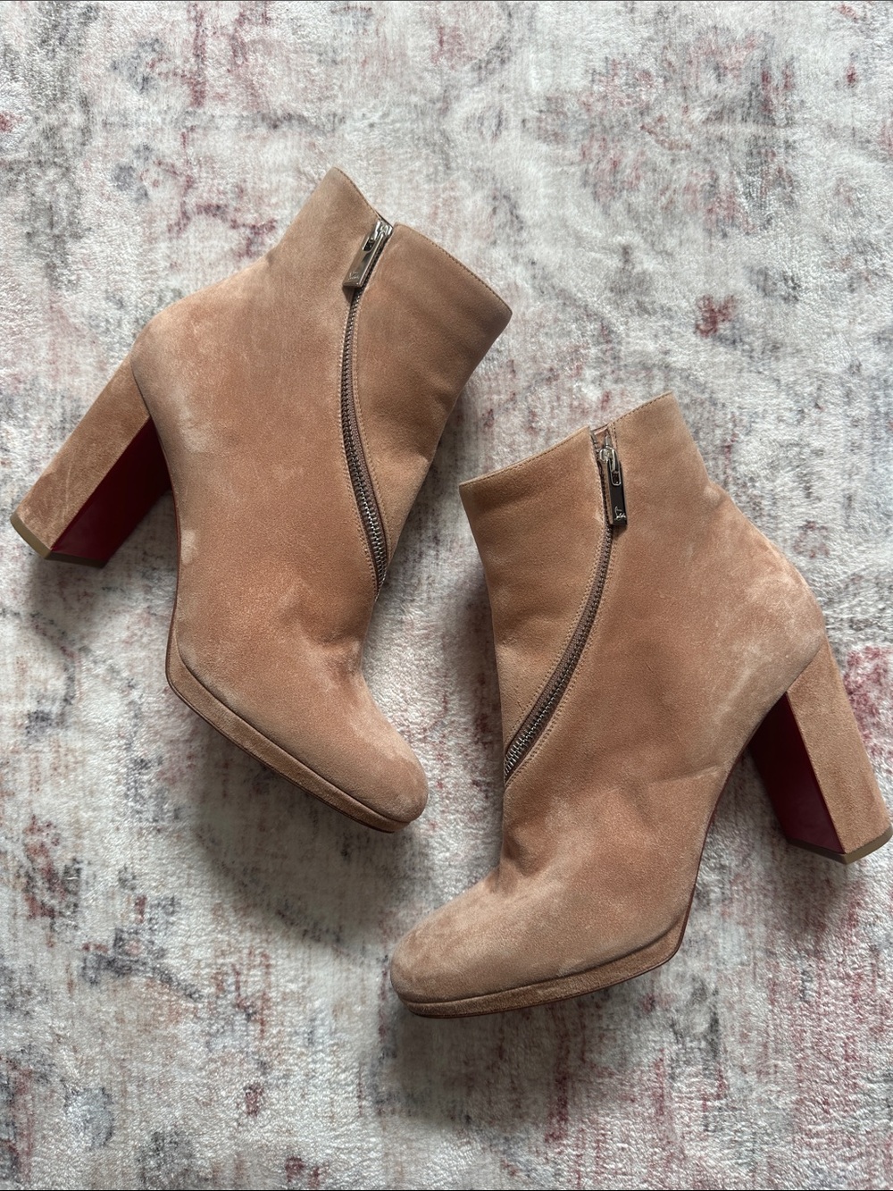 Christian Louboutin Tan Suede Ankle Booties with Signature Red Soles